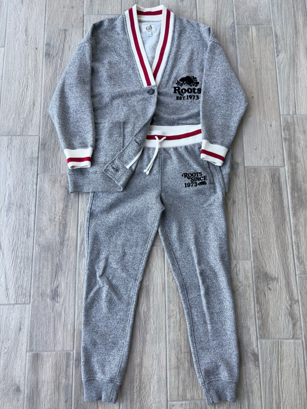 ROOTS Cabin Canada Salt & Pepper Cotton Blend Cardigan & Sweatpant Set Sz Small